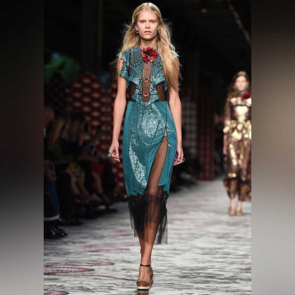 Blue/Teal Dress with Black Sheer Accents and Floral Detail